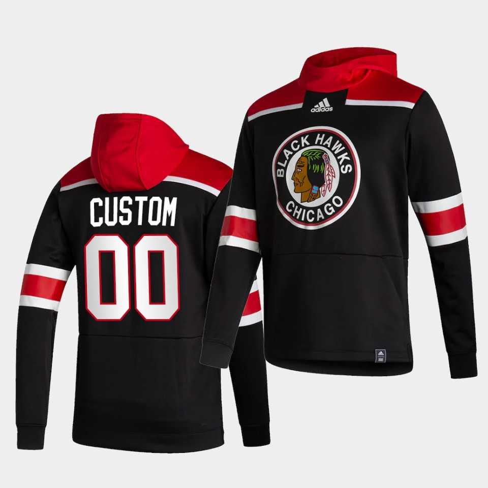 Men Chicago Blackhawks 00 Custom Black NHL 2021 Adidas Pullover Hoodie Jersey